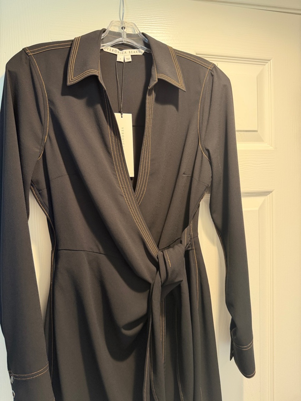 Veronica Beard Brown Black Wrap-Style Long Sleeve Dress